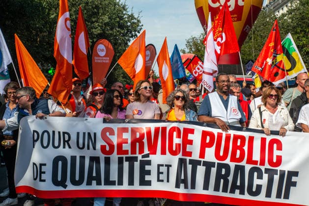 Public Services Strike - Paris Leaders of major French public sector unions including CGT, FO, FSU, UNSA, CFDT, CFE-CGC, Solidaires and FA-FP address a press conference ahead of a national strike and protests in Paris, France on September 29, 2026. The unions highlight demands for better wages, improved working conditions and increased funding for public services. Photo by Denis Prezat ABACAPRESS.COM Paris France  Copyright: xPrezatxDenis ABACAx