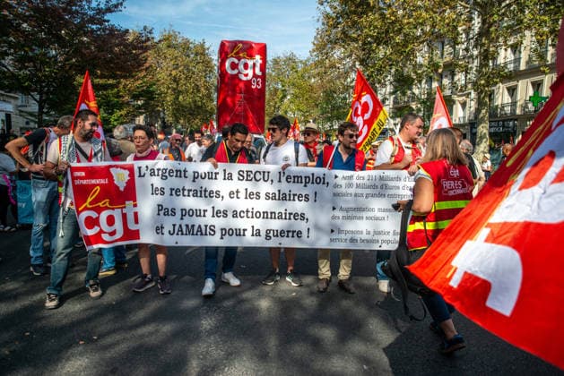 Public Services Strike - Paris Leaders of major French public sector unions including CGT, FO, FSU, UNSA, CFDT, CFE-CGC, Solidaires and FA-FP address a press conference ahead of a national strike and protests in Paris, France on September 29, 2026. The unions highlight demands for better wages, improved working conditions and increased funding for public services. Photo by Denis Prezat ABACAPRESS.COM Paris France  Copyright: xPrezatxDenis ABACAx