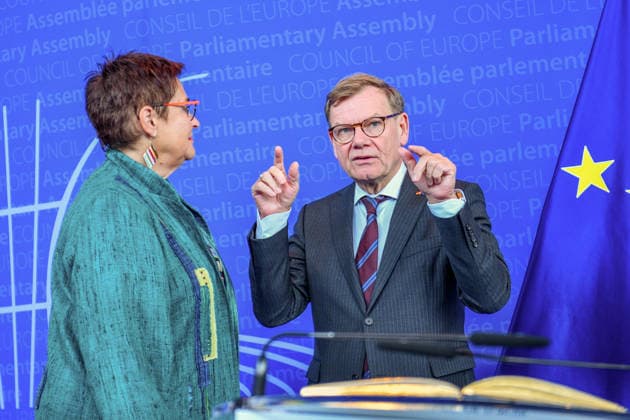 German Foreign Minister Johann Wadephul visits Council of Europe STRASBOURG, FRANCE - SEPTEMBER 29: German Foreign Minister Johann Wadephul gestures as he speaks with Parliamentary Assembly of the Council of Europe (PACE) President Petra Bayr at the Council of Europe in Strasbourg, France on September 29, 2026. Ahmet Sel Anadolu Strasbourg France. Editorial use only. Please get in touch for any other usage.  Copyright: x2026xAnadoluxAhmetxSelx
