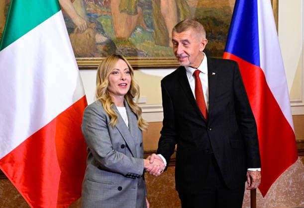Czech Prime Minister Andrej Babis, right, meets Italian Prime Minister Giorgia Meloni n Prague, Czech Republic, September 29, 2026. (CTKxPhoto RomanxVondrous) CTKPhotoP2026092907511  CTKPhotoP2026092907511