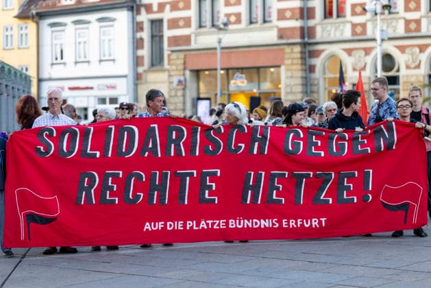 Protest Against the AfD Ban, September 29, 2026: In Erfurt, around 200 people demonstrated in support of proceedings to ban the Alternative for Germany (AfD) party. The demonstration proceeded from the Anger to the Thuringian State Parliament and took place one day before the hearing on the ban proceedings in parliament. Erfurt, Thuringia, Germany 290926_ppb-502