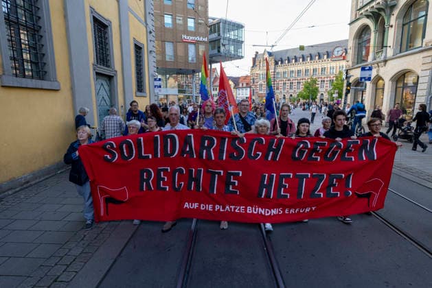 Protest Against the AfD Ban, September 29, 2026: In Erfurt, around 200 people demonstrated in support of proceedings to ban the Alternative for Germany (AfD) party. The demonstration proceeded from the Anger to the Thuringian State Parliament and took place one day before the hearing on the ban proceedings in parliament. Erfurt, Thuringia, Germany 290926_ppb-503