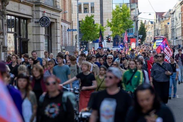 Protest Against the AfD Ban, September 29, 2026: In Erfurt, about 200 people protested in support of proceedings to ban the Alternative for Germany (AfD) party. The demonstration proceeded from the Anger to the Thuringian State Parliament and took place one day before the parliamentary hearing on the ban proceedings. Erfurt, Thuringia, Germany 290926_ppb-506