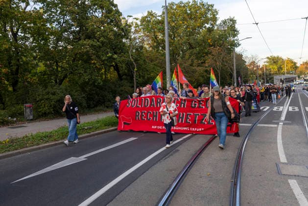 Protest Against the AfD Ban, September 29, 2026: In Erfurt, about 200 people demonstrated in support of proceedings to ban the Alternative for Germany (AfD) party. The demonstration proceeded from the Anger to the Thuringian State Parliament and took place one day before the parliamentary hearing on the ban proceedings. Erfurt, Thuringia, Germany 290926_ppb-511