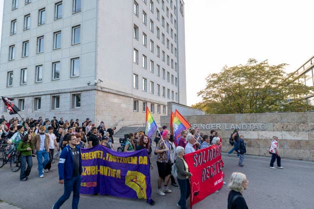 Protest Against the AfD Ban, September 29, 2026: In Erfurt, around 200 people demonstrated in support of proceedings to ban the Alternative for Germany (AfD) party. The demonstration proceeded from the Anger to the Thuringian State Parliament and took place one day before the hearing on the ban proceedings in the parliament. Erfurt, Thuringia, Germany 290926_ppb-517