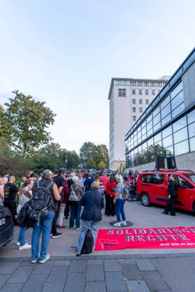 Protest Against Banning the AfD, September 29, 2026: In Erfurt, about 200 people demonstrated in support of proceedings to ban the Alternative for Germany (AfD) party. The demonstration marched from the Anger to the Thuringian State Parliament and took place one day before the parliamentary hearing on the ban proceedings. Erfurt, Thuringia, Germany 290926_ppb-524