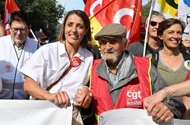 Public sector workers strike in Paris ahead of 2027 budget presentation PARIS, FRANCE - SEPTEMBER 29: French trade union General Confederation of Labour (CGT) Secretary General Sophie Binet (L) participates in a rally during nationwide public-sector strikes and demonstrations ahead of the presentation of the 2027 draft budget, on September 29, 2026 in Paris, France. Mustafa Yalcin Anadolu Paris France. Editorial use only. Please get in touch for any other usage.  Copyright: x2026xAnadoluxMustafaxYalcinx