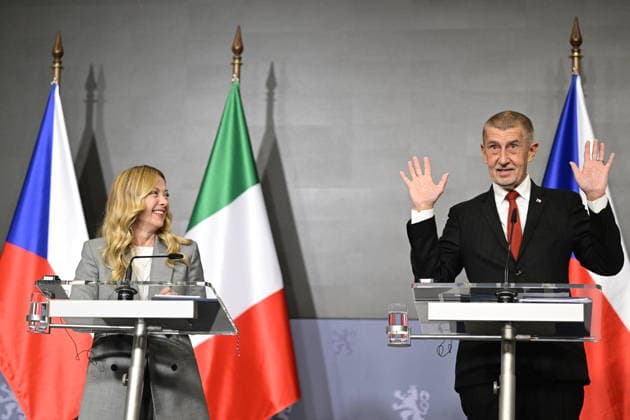 From left Italian Prime Minister Giorgia Meloni and Czech Prime Minister Andrej Babis during the press conference after their meeting, on September 29, 2026, in Prague, Czech Republic. (CTKxPhoto RomanxVondrous) CTKPhotoP2026092908040  CTKPhotoP2026092908040