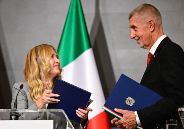 From left Italian Prime Minister Giorgia Meloni and Czech Prime Minister Andrej Babis during the press conference after their meeting, on September 29, 2026, in Prague, Czech Republic. (CTKxPhoto RomanxVondrous) CTKPhotoP2026092908238  CTKPhotoP2026092908238