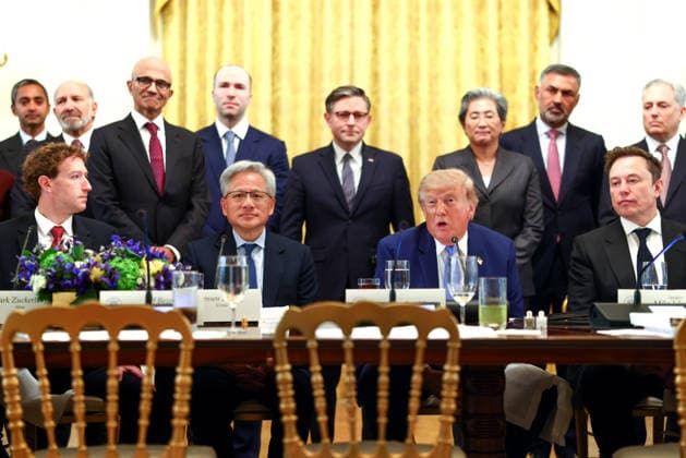President Donald Trump speaks at a meeting and luncheon on super intelligence in the East Room of the White House alongside (L-R) Facebook founder and Meta CEO Mark Zuckerberg, Nvidia President and CEO Jensen Huang, and Tesla and SpaceX CEO Elon Musk in Washington, DC on Tuesday, Sept. 29, 2026. House Speaker Mike Johnson, R-LA, and other elected Republicans and tech executives also attended.  WASP20260929100 TierneyxL.xCross