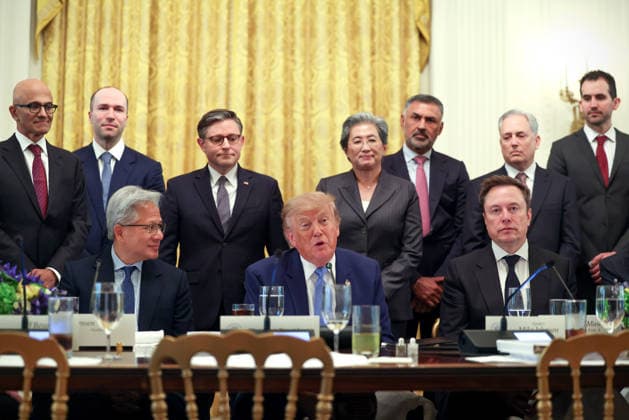 President Donald Trump speaks at a meeting and luncheon on super intelligence in the East Room of the White House alongside (L-R) Nvidia President and CEO Jensen Huang, and Tesla and SpaceX CEO Elon Musk in Washington, DC on Tuesday, Sept. 29, 2026. House Speaker Mike Johnson, R-LA, and other elected Republicans and tech executives also attended.  WASP20260929101 TierneyxL.xCross