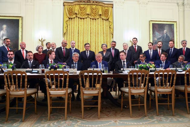 President Donald Trump speaks at a meeting and luncheon on super intelligence in the East Room of the White House alongside Facebook founder and Meta CEO Mark Zuckerberg, Nvidia President and CEO Jensen Huang, and Tesla and SpaceX CEO Elon Musk in Washington, DC on Tuesday, Sept. 29, 2026. House Speaker Mike Johnson, R-LA, and other elected Republicans and tech executives also attended.  WASP20260929104 TierneyxL.xCross
