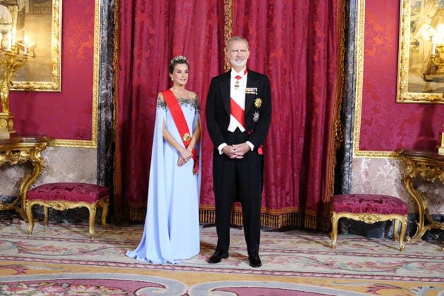 29-09-2026 Gala Queen Letizia and King Felipe with Emmanuel Macron and Brigitte Macron pose before the galadinner at the royal palace in Madrid on the 1st day of the 2 day statevisit to Spain. No Spain Â  Copyright: xPPEx