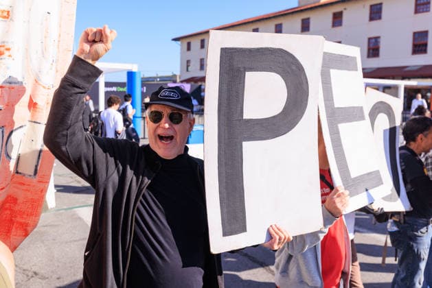 OpenAI DevDay Demonstration in San Francisco SAN FRANCISCO, UNITED STATES - SEPTEMBER 29: Demonstrators gather outside OpenAI DevDay at Fort Mason to call on OpenAI and its CEO Sam Altman to end contracts with the U.S. Military and Immigration and Customs Enforcement, in San Francisco, United States on September 29, 2026. Nikolas Liepins Anadolu San Francisco United States. Editorial use only. Please get in touch for any other usage.  Copyright: x2026xAnadoluxNikolasxLiepinsx