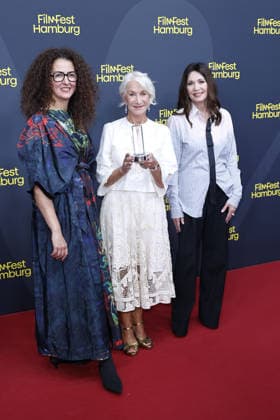 Festival Director Malika Rabahallah, Helen Mirren, and Iris Berben at the Douglas Sirk Award ceremony on September 29, 2026, at Cinemaxx as part of the 34th Hamburg Film Festival. Malika Rabahallah, Festival CEO, Helen Mirren and German actress Iris Berben attend the ceremony honoring Helen Mirren with the Douglas Sir