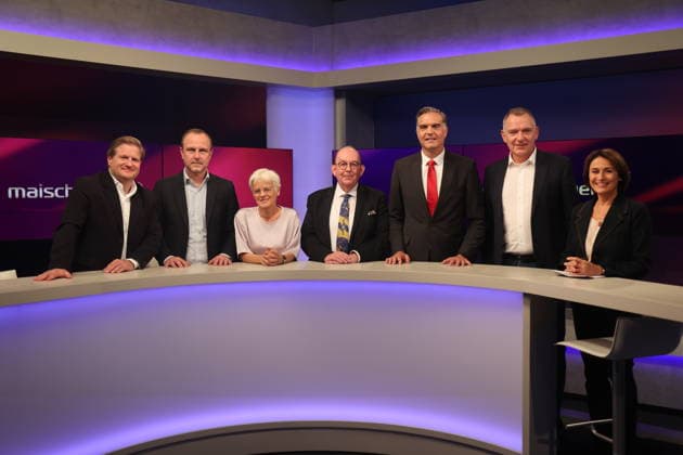 Guests on Maischberger in Berlin, September 29, 2026: Guests on the live broadcast of Maischberger on Das Erste with Jan van Aken, Peter Neumann, Member of the Bundestag for Die Linke; political scientist Frederik Pleitgen; CNN correspondent Denis Scheck; literary critic and host Ulrike Herrmann; Michael Bröcker of *taz*; Table Briefings, Berlin, Germany Copyright: xMatthiasxGränzdörferx