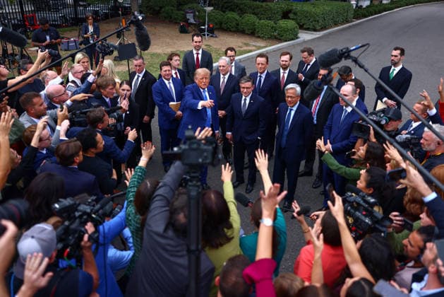 President Donald Trump speaks to reporters after a meeting on super intelligence with tech executives at the White House on Tuesday, September 29, 2026 in Washington, D.C. Meta CEO Mark Zuckerberg, Nvidia CEO Jensen Huang and House Speaker Mike Johnson, R-LA, also attended.  WAX20260929908 TierneyxL.xCross