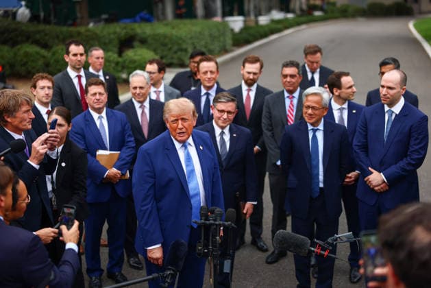 President Donald Trump speaks to reporters after a meeting on super intelligence with tech executives at the White House on Tuesday, September 29, 2026 in Washington, D.C. Meta CEO Mark Zuckerberg, Nvidia CEO Jensen Huang and House Speaker Mike Johnson, R-LA, also attended.  WAX20260929910 TierneyxL.xCross