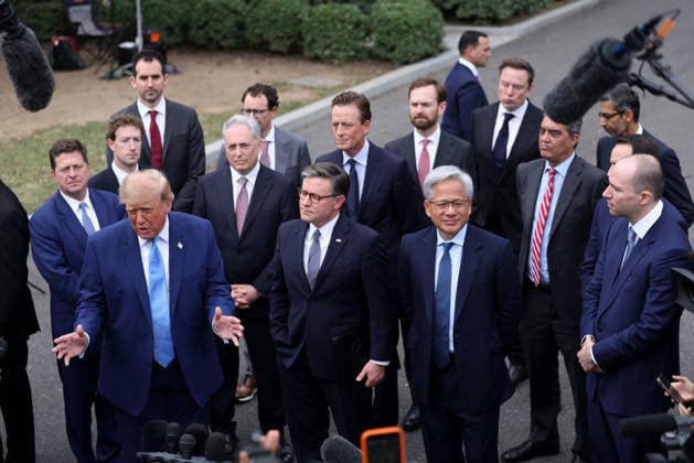 President Donald Trump speaks to reporters after a meeting on super intelligence with tech executives at the White House on Tuesday, September 29, 2026 in Washington, D.C. Meta CEO Mark Zuckerberg, Nvidia CEO Jensen Huang and House Speaker Mike Johnson, R-LA, also attended.  WAX20260929911 TierneyxL.xCross