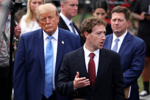 Facebook and Meta CEO Mark Zuckerberg speaks to reporters as President Donald Trump looks on outside the White House on Tuesday, September 29, 2026 in Washington, D.C. Trump held a meeting on super intelligence earlier with tech CEOs in the East Room.  WAX20260929915 TierneyxL.xCross