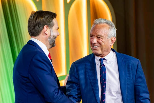 Vice President JD Vance and Secretary of Health and Human Services Robert F. Kennedy, Jr. shake hands during the 2026 MAHA Summit at the Waldorf Astoria Hotel in Washington, DC on Tuesday, September 29, 2026. Leaders from government, healthcare, science, technology, agriculture, and business gathered to discuss challenges, opportunities, and approaches to improving health across the United States. WAP20260929152 BONNIExCASH