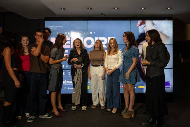 Memoire de Fille Premiere - Paris French writer Annie Ernaux (center) and film actresses (Tess Barthelemy, 5th from L) attend avant premiere or first screening of ‘Memoire de Fille’ at UGC Cine Cite, in Paris, France, on September 29, 2026. Photo by Ammar Abd Rabbo ABACAPRESS.COM Paris France  Copyright: xAbdxRabboxAmmar ABACAx