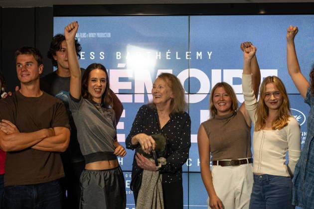 Memoire de Fille Premiere - Paris French writer Annie Ernaux (center) and film actresses (Tess Barthelemy, 2nd from L) attend avant premiere or first screening of ‘Memoire de Fille’ at UGC Cine Cite, in Paris, France, on September 29, 2026. Photo by Ammar Abd Rabbo ABACAPRESS.COM Paris France  Copyright: xAbdxRabboxAmmar ABACAx