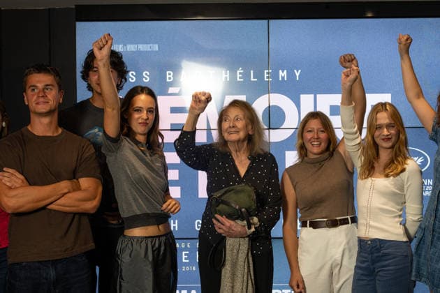 Memoire de Fille Premiere - Paris French writer Annie Ernaux (center) and film actresses (Tess Barthelemy, 2nd from L) attend avant premiere or first screening of ‘Memoire de Fille’ at UGC Cine Cite, in Paris, France, on September 29, 2026. Photo by Ammar Abd Rabbo ABACAPRESS.COM Paris France  Copyright: xAbdxRabboxAmmar ABACAx