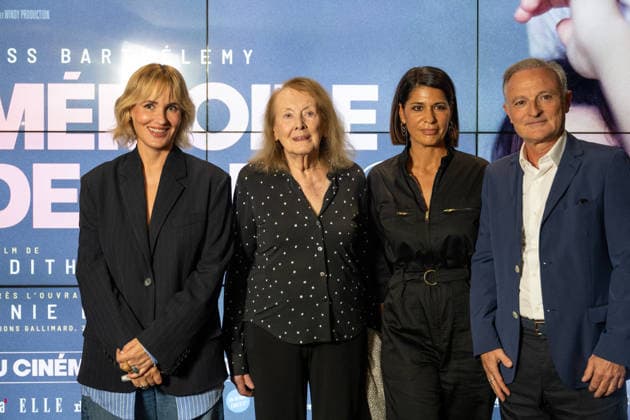 Memoire de Fille Premiere - Paris L-R : Judith Godreche, Annie Ernaux, producers Carole Lambert and Marc Missonnier attend avant premiere or first screening of ‘Memoire de Fille’ at UGC Cine Cite, in Paris, France, on September 29, 2026. Photo by Ammar Abd Rabbo ABACAPRESS.COM Paris France  Copyright: xAbdxRabboxAmmar ABACAx