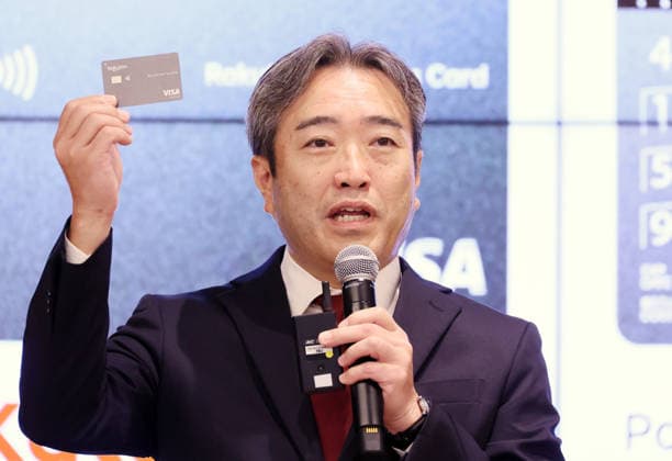 September 30, 2026, Tokyo, Japan - Japan s e-commerce giant Rakuten s subsidiary Rakuten Card president Koichi Nakamura announces Rakuten will issue the corporate credit card Rakuten Business Card Platinum on October 1 at a press conference in Tokyo on Wednesday, September 30, 2026. The new credit card is co-developed by Rakuten Card and Mizuho Financial Group s Upsider and credit limit is up to 1 billion yen while annual fee is free. (photo by Yoshio Tsunoda AFLO)  aflo_352093988