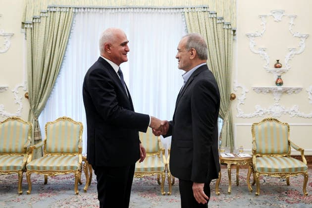 September 29, 2026, Tehran, Iran: Iranian President Masoud Pezeshkian (R) meets Azerbaijan s Deputy Prime Minister Shahin Mustafayev at the presidential office in Tehran, Iran, on September 29, 2026. Tehran Iran - ZUMAi98_ 20260929_zih_i98_002 Copyright: xIranianxPresidencyx