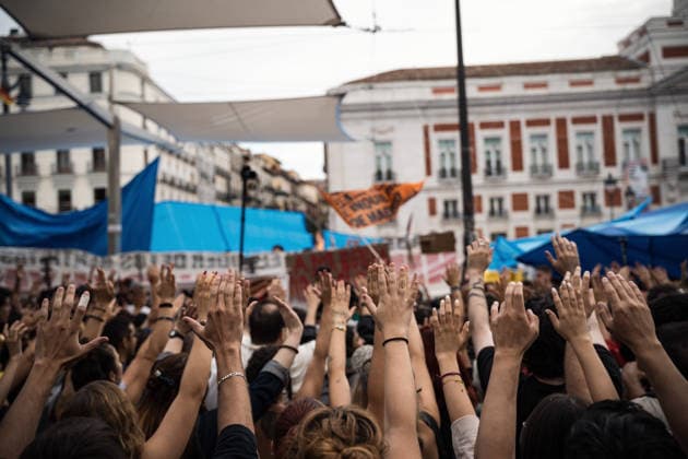 September 30, 2026, Madrid, Madrid, SPAIN: Thousands of protesters come out to defend the social encampment in Puerta del Sol square, Madrid, where various groups and social movements have set up to defend the universal right to housing and denounce the current system. Madrid SPAIN - ZUMAc270 20260930_zip_c270_002 Copyright: xDavidxCruzxSanzx