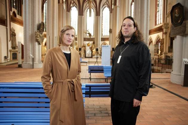 Chorus: A Sound Installation by Annika Kahrs ** FOR EDITORIAL PURPOSES ONLY ** EDITORIAL USE ONLY ** p Artist Annika Kahrs and composer Louis d™Heudieres stand in St. Nicholas Church in their installation *Chorus: A Sound Installation by Annika Kahrs*. The sound installation can be heard f Copyright: JörgxCarstensen doc87toue8wr9jji5ubr05 ,EDITORIAL USE ONLY Copyright: JörgxCarstensen