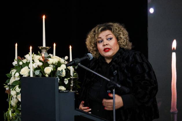 RUSSIA, MOSCOW - SEPTEMBER 30, 2026: Singer Victoria Pierre-Marie speaks at a farewell ceremony for music critic Sergei Sosedov at Troyekurovskoye Cemetery. Sosedov died in an accident in the Republic of Sakha (Yakutia) on September 23, at the age of 59. Artyom Geodakyan TASS  98561932