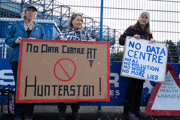 September 30, 2026, Kilmarnock, Scotland, UK: The Reject Hunterston Data Centre Campaign Group and Hurlford Rufus Data Centre Community Group held a protest outside a B2B business event in Kilmarnock. Both groups are campaigning against proposed hyperscale data centres in their local areas and sought to convey to the Ayrshire Chamber of Commerce and businesses attending the event, including Eneus Energy, the company behind the proposed 500MW Hunterston hyperscale data centre, that local communities oppose the developments. Kilmarnock UK - ZUMAs357 20260930_zip_s357_001 Copyright: xCameronxScottx