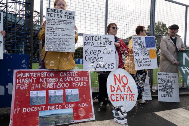 September 30, 2026, Kilmarnock, Scotland, UK: The Reject Hunterston Data Centre Campaign Group and Hurlford Rufus Data Centre Community Group held a protest outside a B2B business event in Kilmarnock. Both groups are campaigning against proposed hyperscale data centres in their local areas and sought to convey to the Ayrshire Chamber of Commerce and businesses attending the event, including Eneus Energy, the company behind the proposed 500MW Hunterston hyperscale data centre, that local communities oppose the developments. Kilmarnock UK - ZUMAs357 20260930_zip_s357_003 Copyright: xCameronxScottx