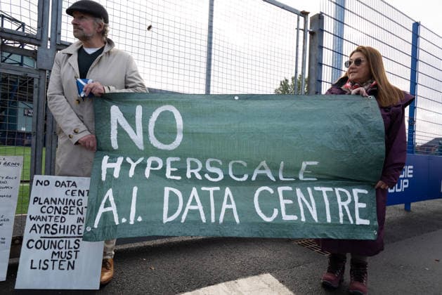 September 30, 2026, Kilmarnock, Scotland, UK: The Reject Hunterston Data Centre Campaign Group and Hurlford Rufus Data Centre Community Group held a protest outside a B2B business event in Kilmarnock. Both groups are campaigning against proposed hyperscale data centres in their local areas and sought to convey to the Ayrshire Chamber of Commerce and businesses attending the event, including Eneus Energy, the company behind the proposed 500MW Hunterston hyperscale data centre, that local communities oppose the developments. Kilmarnock UK - ZUMAs357 20260930_zip_s357_004 Copyright: xCameronxScottx