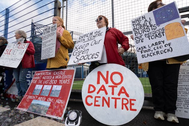 September 30, 2026, Kilmarnock, Scotland, UK: The Reject Hunterston Data Centre Campaign Group and Hurlford Rufus Data Centre Community Group held a protest outside a B2B business event in Kilmarnock. Both groups are campaigning against proposed hyperscale data centres in their local areas and sought to convey to the Ayrshire Chamber of Commerce and businesses attending the event, including Eneus Energy, the company behind the proposed 500MW Hunterston hyperscale data centre, that local communities oppose the developments. Kilmarnock UK - ZUMAs357 20260930_zip_s357_005 Copyright: xCameronxScottx