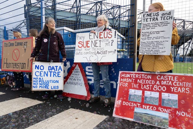 September 30, 2026, Kilmarnock, Scotland, UK: The Reject Hunterston Data Centre Campaign Group and Hurlford Rufus Data Centre Community Group held a protest outside a B2B business event in Kilmarnock. Both groups are campaigning against proposed hyperscale data centres in their local areas and sought to convey to the Ayrshire Chamber of Commerce and businesses attending the event, including Eneus Energy, the company behind the proposed 500MW Hunterston hyperscale data centre, that local communities oppose the developments. Kilmarnock UK - ZUMAs357 20260930_zip_s357_007 Copyright: xCameronxScottx