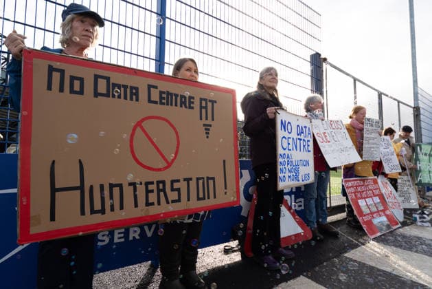 September 30, 2026, Kilmarnock, Scotland, UK: The Reject Hunterston Data Centre Campaign Group and Hurlford Rufus Data Centre Community Group held a protest outside a B2B business event in Kilmarnock. Both groups are campaigning against proposed hyperscale data centres in their local areas and sought to convey to the Ayrshire Chamber of Commerce and businesses attending the event, including Eneus Energy, the company behind the proposed 500MW Hunterston hyperscale data centre, that local communities oppose the developments. Kilmarnock UK - ZUMAs357 20260930_zip_s357_008 Copyright: xCameronxScottx