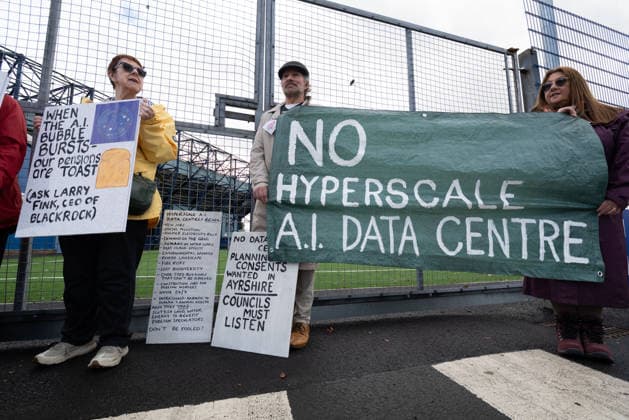 September 30, 2026, Kilmarnock, Scotland, UK: The Reject Hunterston Data Centre Campaign Group and Hurlford Rufus Data Centre Community Group held a protest outside a B2B business event in Kilmarnock. Both groups are campaigning against proposed hyperscale data centres in their local areas and sought to convey to the Ayrshire Chamber of Commerce and businesses attending the event, including Eneus Energy, the company behind the proposed 500MW Hunterston hyperscale data centre, that local communities oppose the developments. Kilmarnock UK - ZUMAs357 20260930_zip_s357_010 Copyright: xCameronxScottx