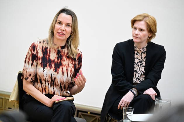From left: exhibition curator Hana Janeckova and exhibition curator and director of the Rudolfinum Gallery Julia Bailey at the press conference for the exhibition Crested macistan: Tanya Lukin Linklater and Duane Linklater , in Prague, Czech Republic, on September 30, 2026. Artists Duane Linklater and Tanya Lukin Linklater will present their collaborative work for the first time in Europe at the Rudolfinum. (CTKxPhoto RomanxVondrous) CTKPhotoP2026093004298  CTKPhotoP2026093004298