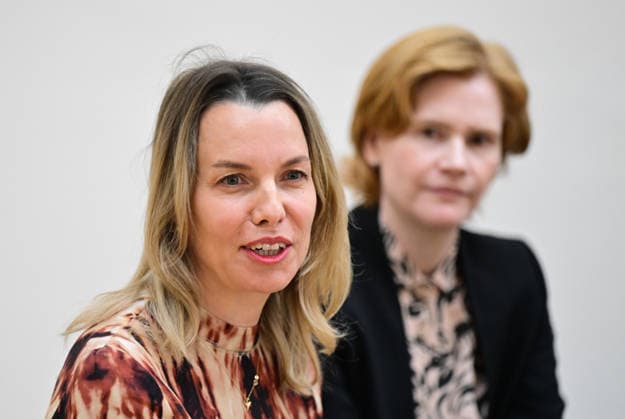 From left: exhibition curator Hana Janeckova and exhibition curator and director of the Rudolfinum Gallery Julia Bailey at the press conference for the exhibition Crested macistan: Tanya Lukin Linklater and Duane Linklater , in Prague, Czech Republic, on September 30, 2026. Artists Duane Linklater and Tanya Lukin Linklater will present their collaborative work for the first time in Europe at the Rudolfinum. (CTKxPhoto RomanxVondrous) CTKPhotoP2026093004330  CTKPhotoP2026093004330
