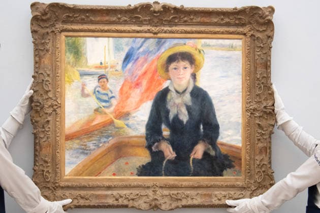Sotheby s Highlights from the Blaquier-Arrieta Collection Sale at Sotheby s, London Art handlers hold En Canot (Jeune fille a la barque) by Pierre-Auguste Renoir (est. $25m - $35m USD) as part of Sotheby s Highlights from the Blaquier-Arrieta Collection Sale which is to go on public view from 30th September - 1st October before being travelling to Taipei, Hong Kong and Paris ahead of the sale in New York on 18th November 2026 at Sotheby s, London, England, UK on Wednesday 30 September, 2026., Credit:Justin Ng Avalon UK, England, London, Sotheby s Copyright: xJustinxNgx xAvalonx 1139440690