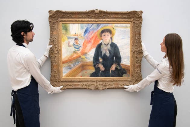 Sotheby s Highlights from the Blaquier-Arrieta Collection Sale at Sotheby s, London Art handlers hold En Canot (Jeune fille a la barque) by Pierre-Auguste Renoir (est. $25m - $35m USD) as part of Sotheby s Highlights from the Blaquier-Arrieta Collection Sale which is to go on public view from 30th September - 1st October before being travelling to Taipei, Hong Kong and Paris ahead of the sale in New York on 18th November 2026 at Sotheby s, London, England, UK on Wednesday 30 September, 2026., Credit:Justin Ng Avalon UK, England, London, Sotheby s Copyright: xJustinxNgx xAvalonx 1139440699
