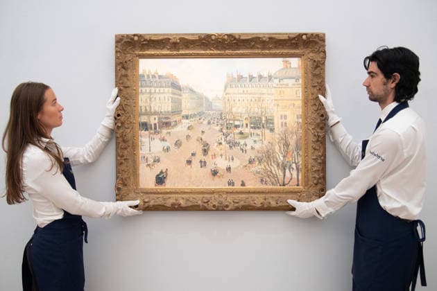 Sotheby s Highlights from the Blaquier-Arrieta Collection Sale at Sotheby s, London Art handlers hold La Place du Thà âtre Francais est l avenue de l Opera, soleil d apres-midi en hiver by Camille Pissarro (est $30m - $40m) as part of Sotheby s Highlights from the Blaquier-Arrieta Collection Sale which is to go on public view from 30th September - 1st October before being travelling to Taipei, Hong Kong and Paris ahead of the sale in New York on 18th November 2026 at Sotheby s, London, England, UK on Wednesday 30 September, 2026., Credit:Justin Ng Avalon UK, England, London, Sotheby s Copyright: xJustinxNgx xAvalonx 1139440742