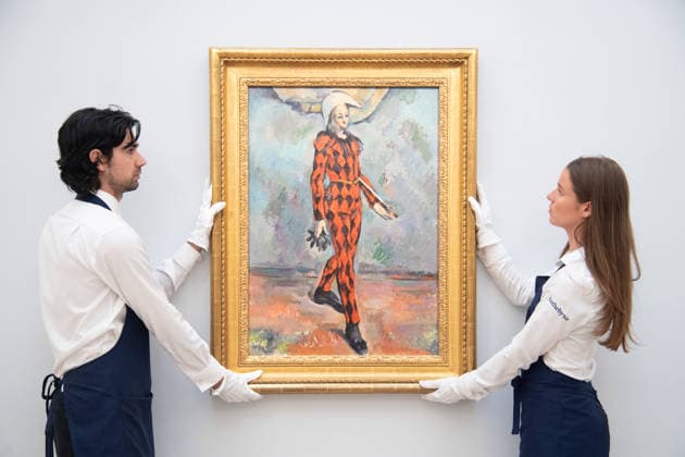 Sotheby s Highlights from the Blaquier-Arrieta Collection Sale at Sotheby s, London Art handlers hold Arlequin by Paul Cezanne (est. in the region of $120m) as part of Sotheby s Highlights from the Blaquier-Arrieta Collection Sale which is to go on public view from 30th September - 1st October before being travelling to Taipei, Hong Kong and Paris ahead of the sale in New York on 18th November 2026 at Sotheby s, London, England, UK on Wednesday 30 September, 2026., Credit:Justin Ng Avalon UK, England, London, Sotheby s Copyright: xJustinxNgx xAvalonx 1139440755