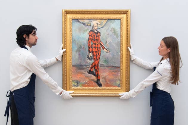Sotheby s Highlights from the Blaquier-Arrieta Collection Sale at Sotheby s, London Art handlers hold Arlequin by Paul Cezanne (est. in the region of $120m) as part of Sotheby s Highlights from the Blaquier-Arrieta Collection Sale which is to go on public view from 30th September - 1st October before being travelling to Taipei, Hong Kong and Paris ahead of the sale in New York on 18th November 2026 at Sotheby s, London, England, UK on Wednesday 30 September, 2026., Credit:Justin Ng Avalon UK, England, London, Sotheby s Copyright: xJustinxNgx xAvalonx 1139440770