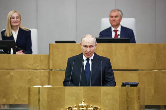 RUSSIA, MOSCOW - SEPTEMBER 30, 2026: Vladimir Putin, President of Russia, addresses the first plenary meeting of the Russian State Duma of the 9th convocation, with Speaker Vyacheslav Volodin and his deputy Irina Yarovaya in the background. Mikhail Tereshchenko TASS  98570087
