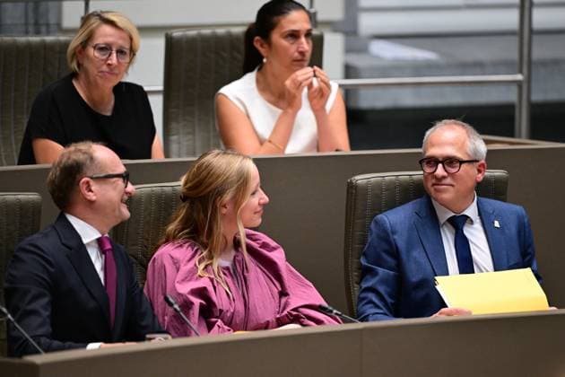 Up, L-R, Flemish Minister for Welfare and Culture Caroline Gennez; Flemish Minister for Education and Work Zuhal Demir and front, L-R, Flemish Minister for Finance and Budget Ben Weyts; Flemish Minister for Housing and Energy Melissa Depraetere and Flemish Minister-President Matthias Diependaele pictured during a plenary session of the Flemish Parliament to present the Septemberverklaring (September Declaration), Wednesday 30 September 2026, in Brussels. In this traditional speech the Flemish Minister-President presents the Government s policy plans for the year.  DIRKxWAEM 188338568